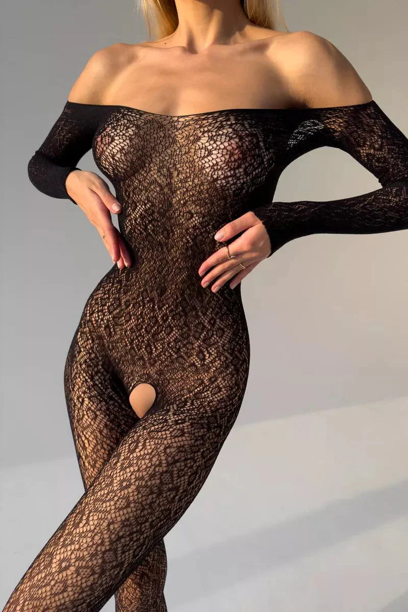 Shadow-lace open bodystocking in black – luxury women’s lingerie – ShadowWeave Bodystocking