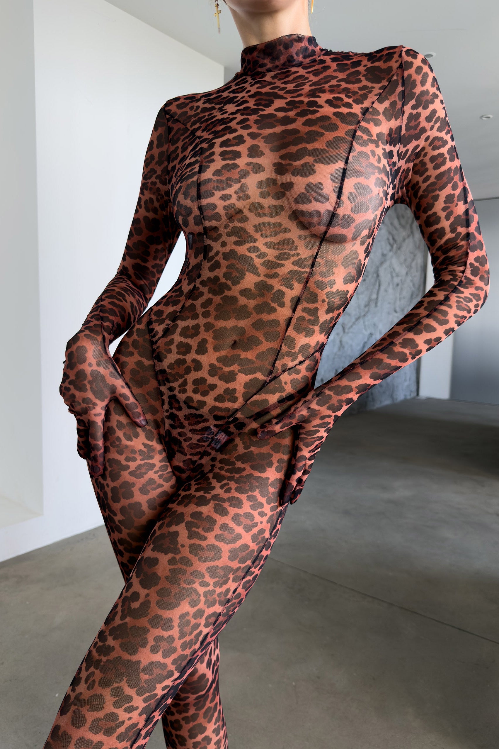 Sienna Savage Instinct sheer leopard print mesh jumpsuit