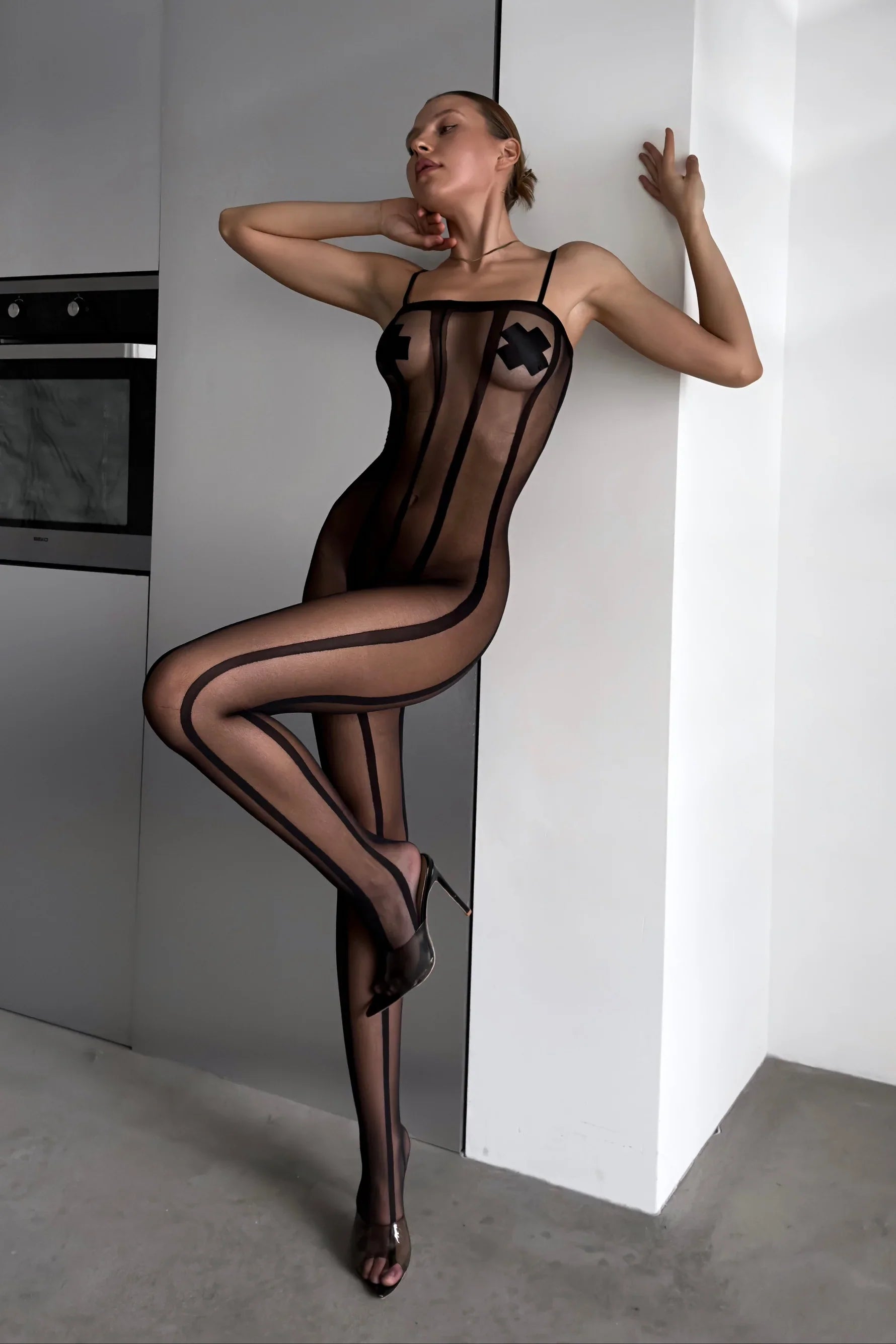 Sheer striped crotchless bodystocking – luxury women’s lingerie – Emma Crotchless Bodystocking