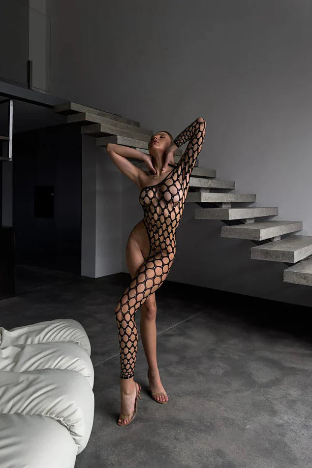 Luxury cut-out black bodystocking with circular mesh design – Eclipse Bodystocking – SultryGirls