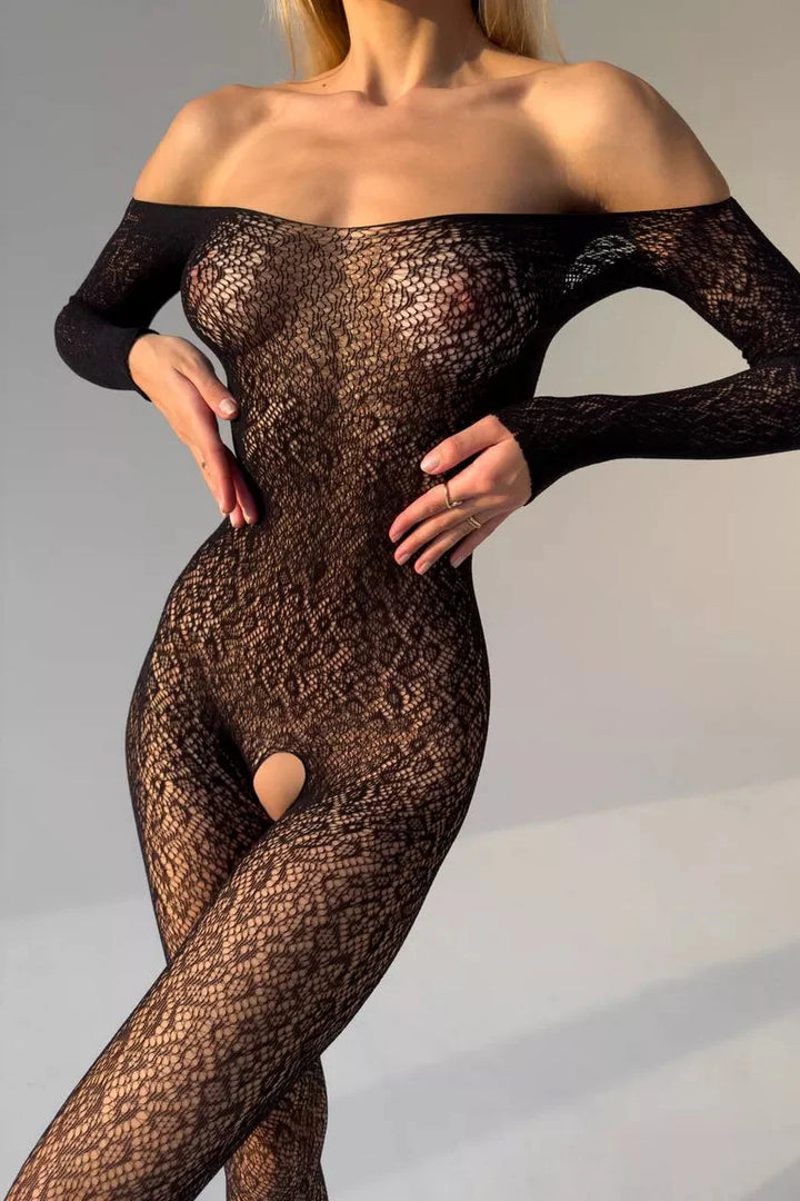 Shadow-lace open bodystocking in black – luxury women’s lingerie – ShadowWeave Bodystocking
