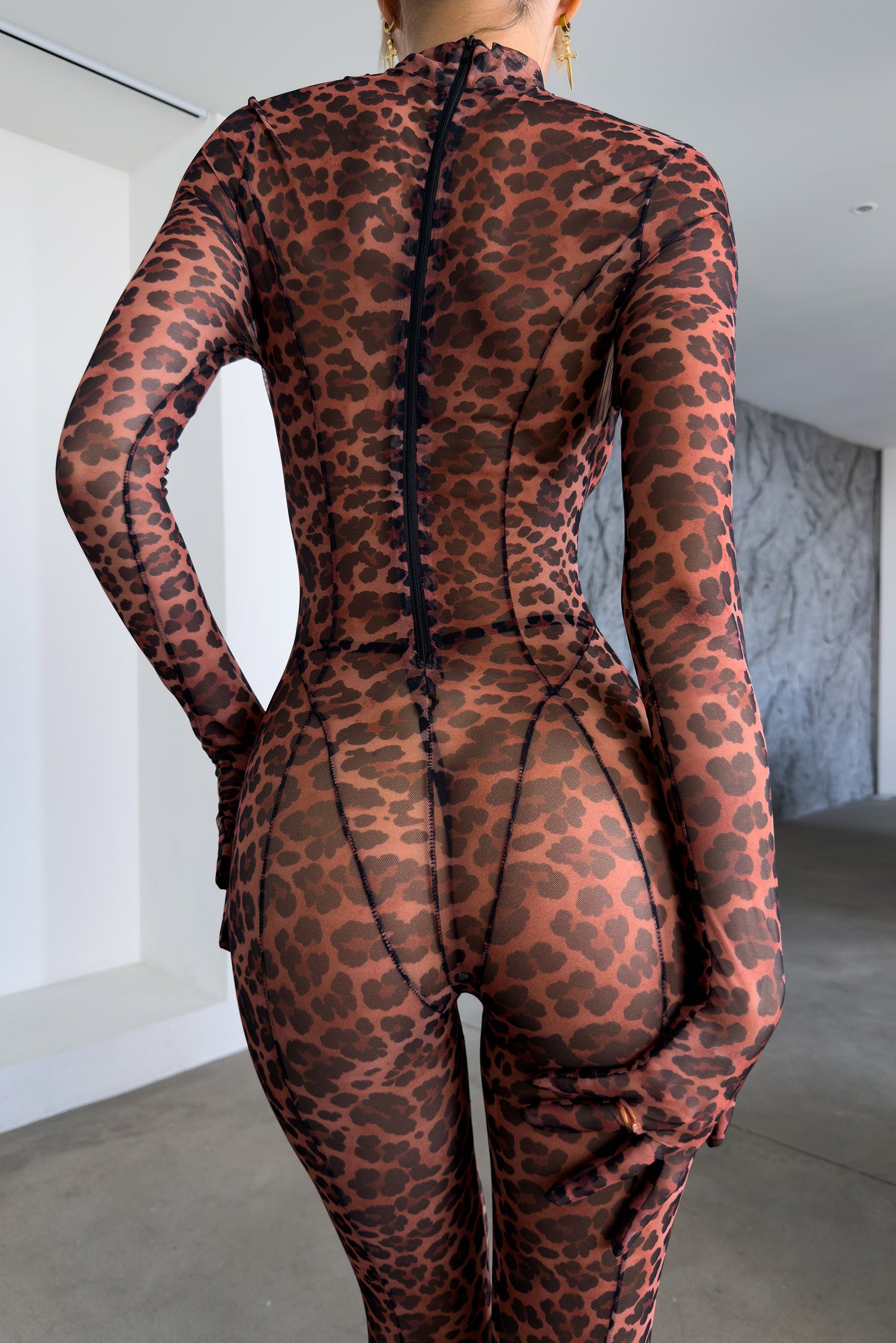 Sienna Savage Instinct sheer leopard print mesh jumpsuit
