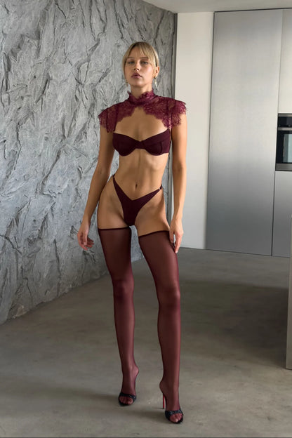Amara Lace Collar Lingerie Set featuring an elegant high-neck floral lace collar, underwired bra, sheer mesh garter belt, matching thong, and adjustable thigh straps, available in Mocha Brown and Burgundy, front and back views.