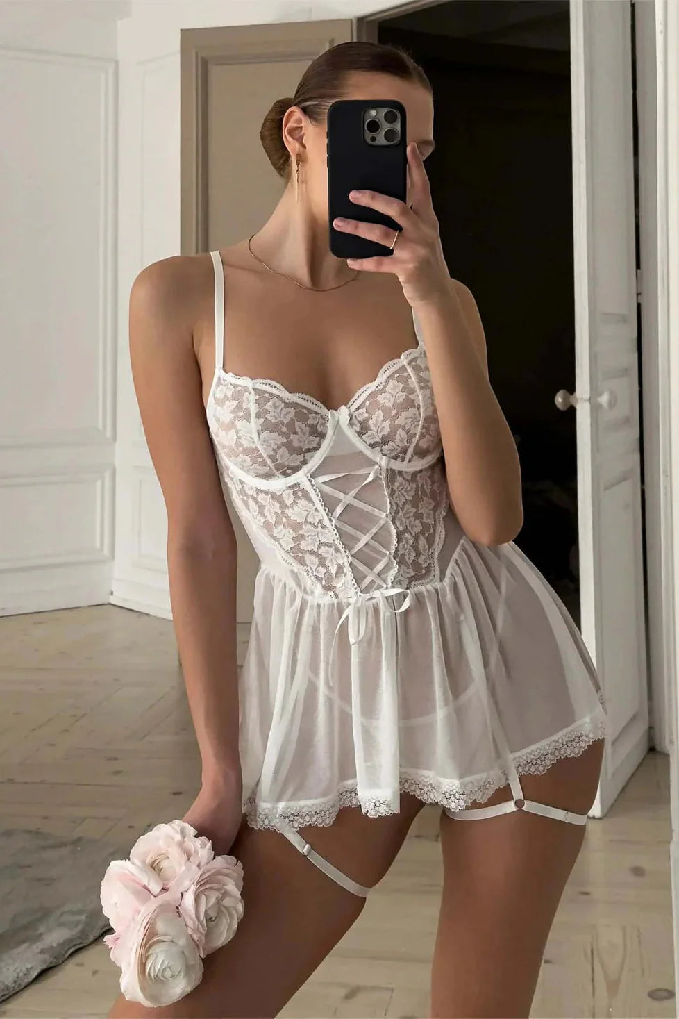 Sheer lace babydoll slip with lace-up detail – luxury women’s lingerie – SultryGirls

