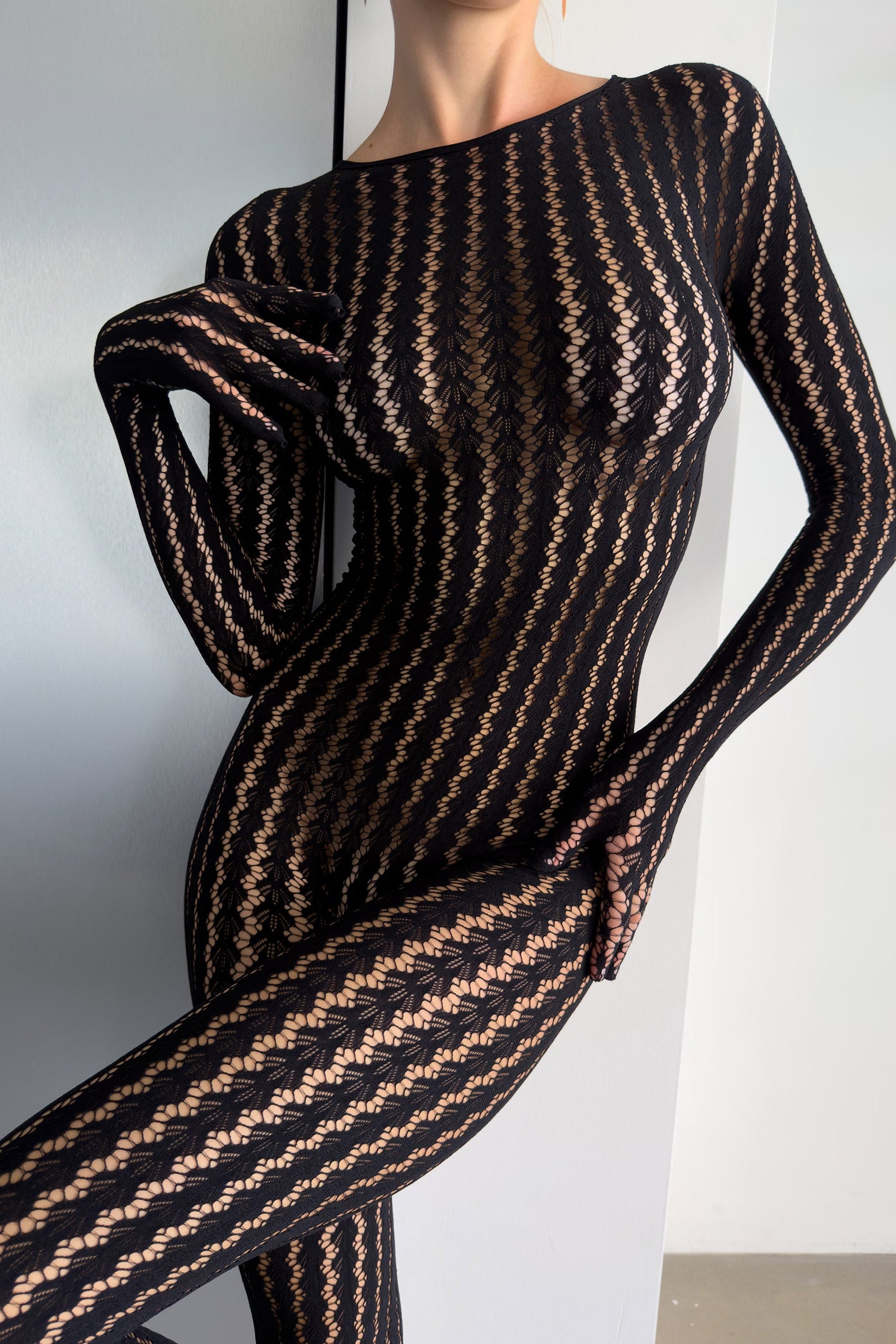 Mila After Dark Catsuit black sheer patterned long sleeve lingerie
