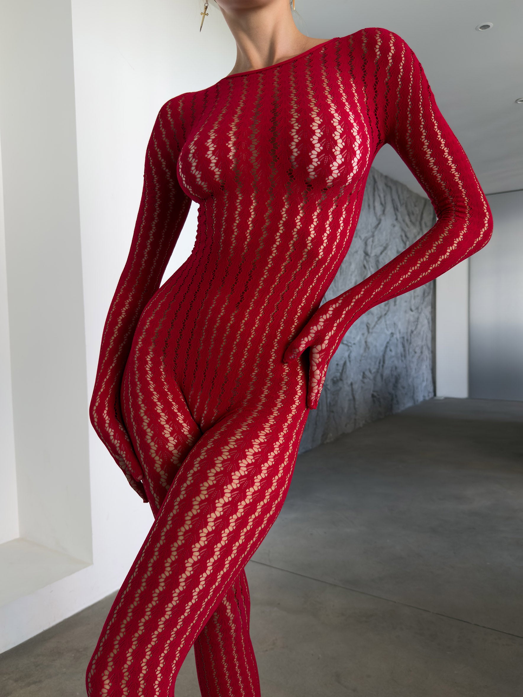 Mila After Dark Catsuit red sheer patterned long sleeve lingerie