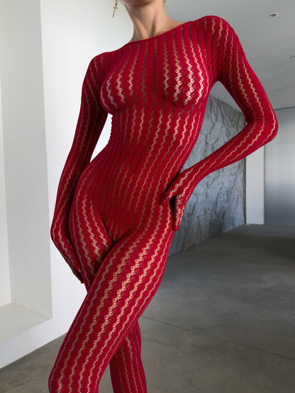 Mila After Dark Catsuit red sheer patterned long sleeve lingerie