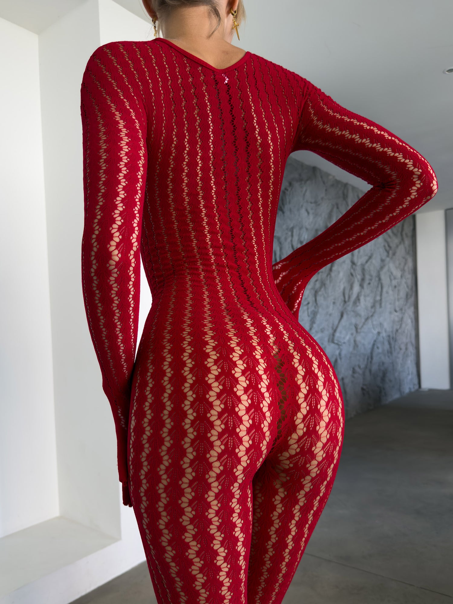 Mila After Dark Catsuit red sheer patterned long sleeve lingerie