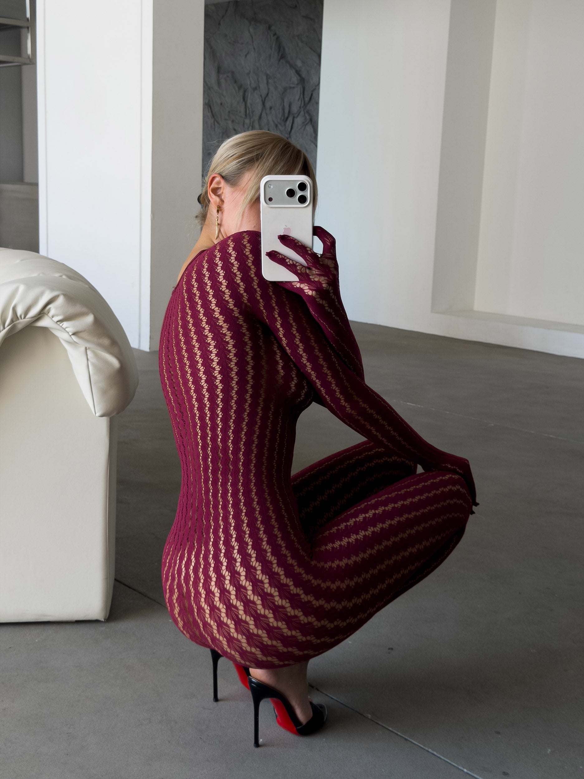 Mila After Dark Catsuit burgundy sheer patterned long sleeve lingerie