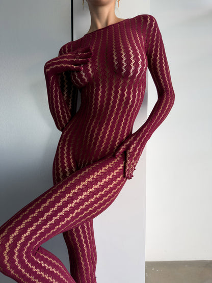 Mila After Dark Catsuit burgundy sheer patterned long sleeve lingerie