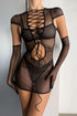 Zaria Midnight Muse Mesh Dress featuring sheer black mesh, lace-up front, front cutout, short sleeves, mini length and matching sheer black gloves.
