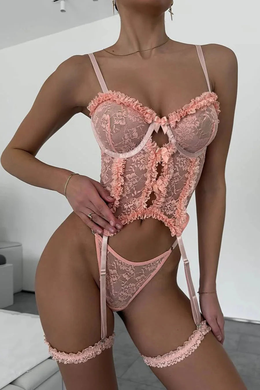 Peach lace and mesh corset lingerie set – luxury women’s lingerie – SultryGirls
