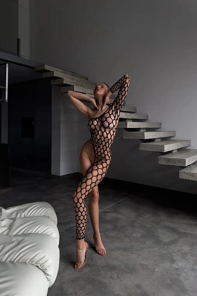 Luxury cut-out black bodystocking with circular mesh design – Eclipse Bodystocking – SultryGirls

