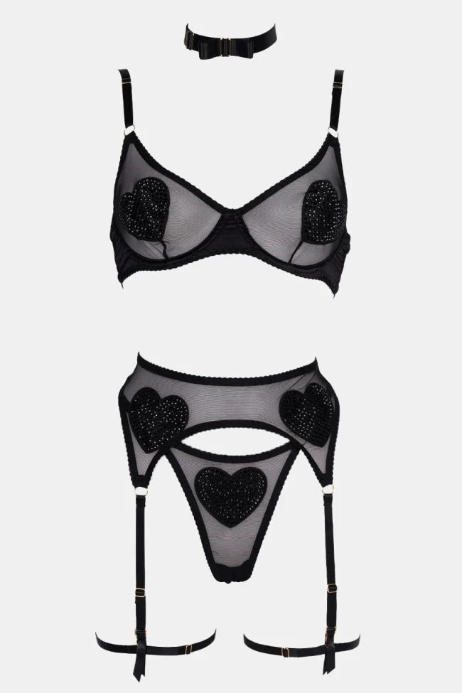 valentina heart noir set black lace sheer mesh romantic heart detail lingerie set