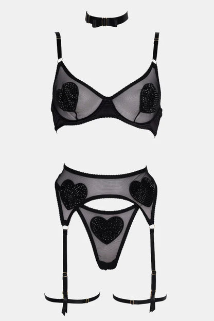 valentina heart noir set black lace sheer mesh romantic heart detail lingerie set