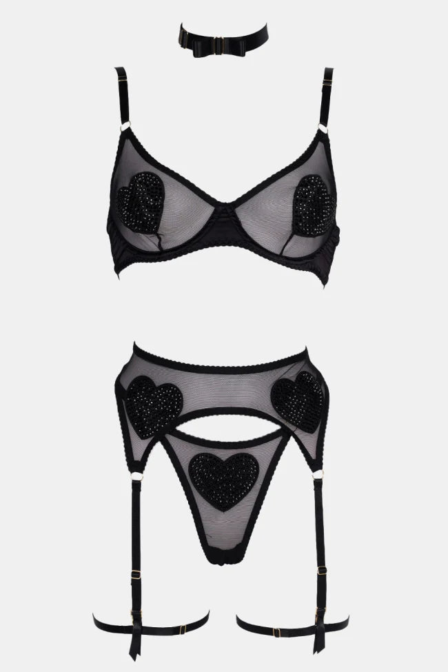 valentina heart noir set black lace sheer mesh romantic heart detail lingerie set