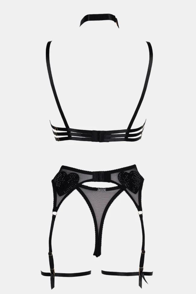 valentina heart noir set black lace sheer mesh romantic heart detail lingerie set