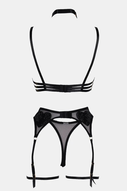 valentina heart noir set black lace sheer mesh romantic heart detail lingerie set