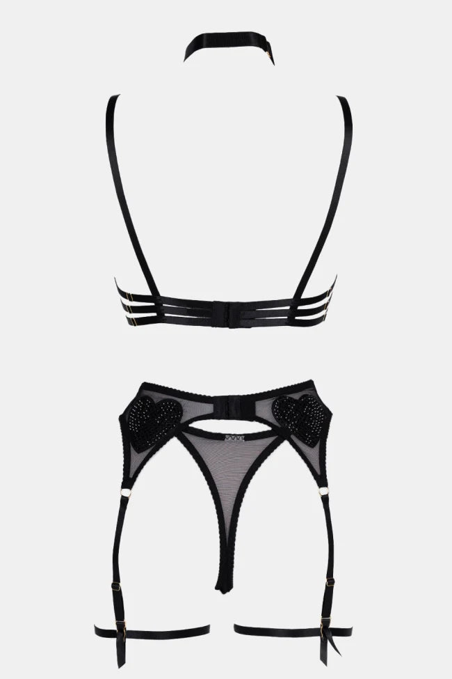 valentina heart noir set black lace sheer mesh romantic heart detail lingerie set